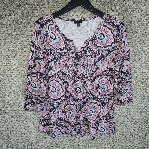 Talbots Top Womens Small Blue Paisley Print Pintuck 3/4 Sleeve Casual Ladies - Picture 1 of 7